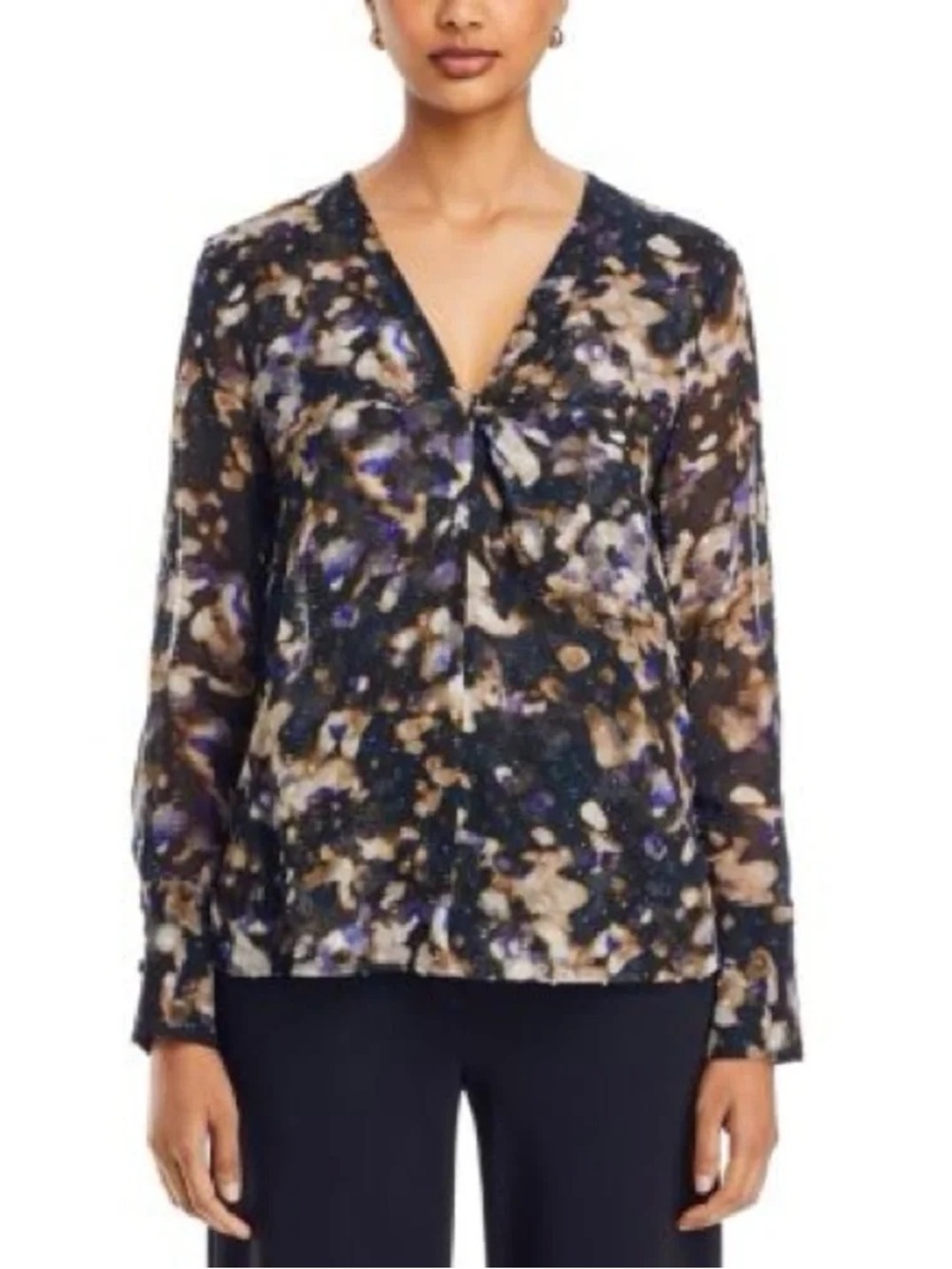 Printed V-Neck Long-Sleeve Top - Black & Brown